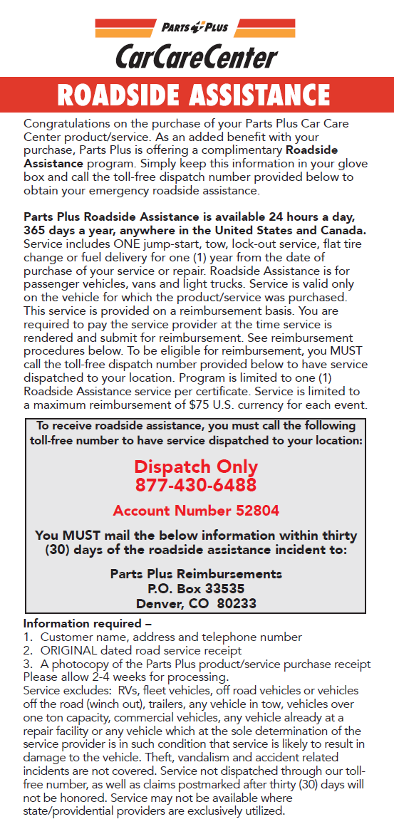 Parts Plus Car Care Center Roadside Assistance program
